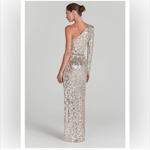 Nadine Merabi Adriana Silver Sequin One Shoulder Maxi Dress Crystal Belt Size XS - Picture 17 of 17